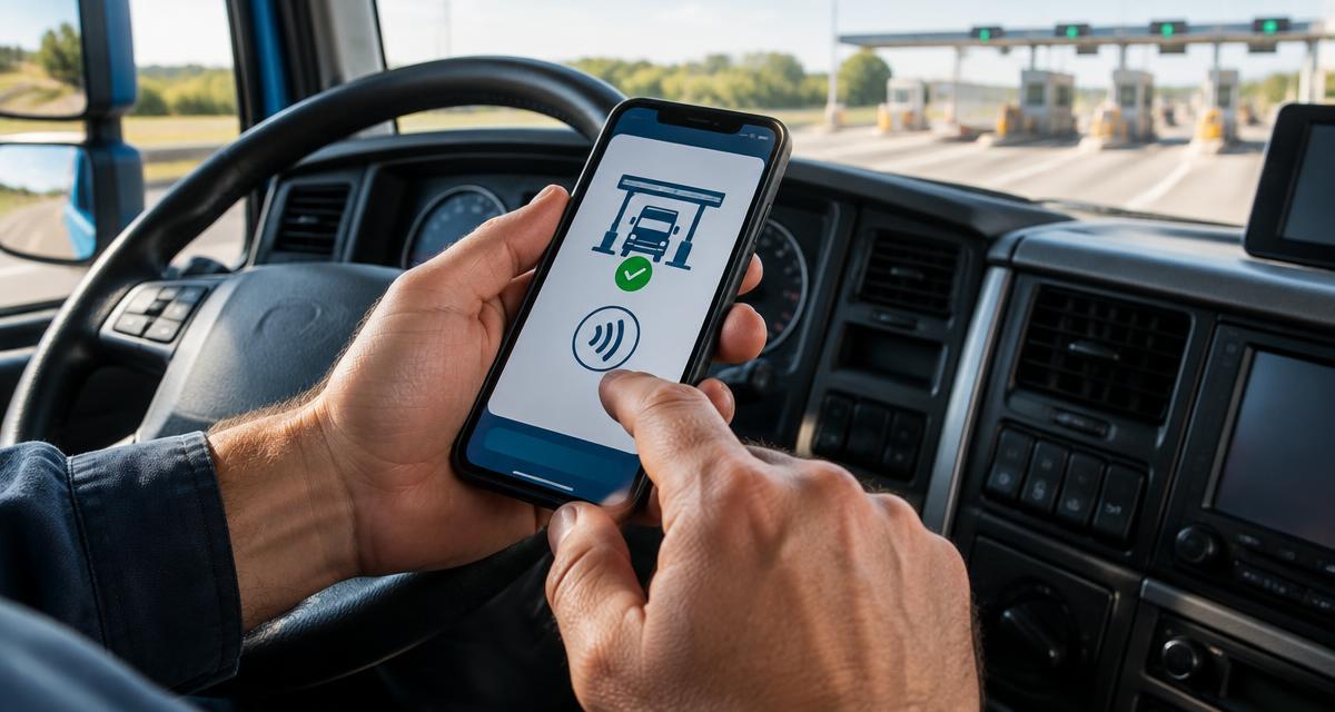 Motorista recebendo pagamento em um terminal eletrônico dentro do caminhão