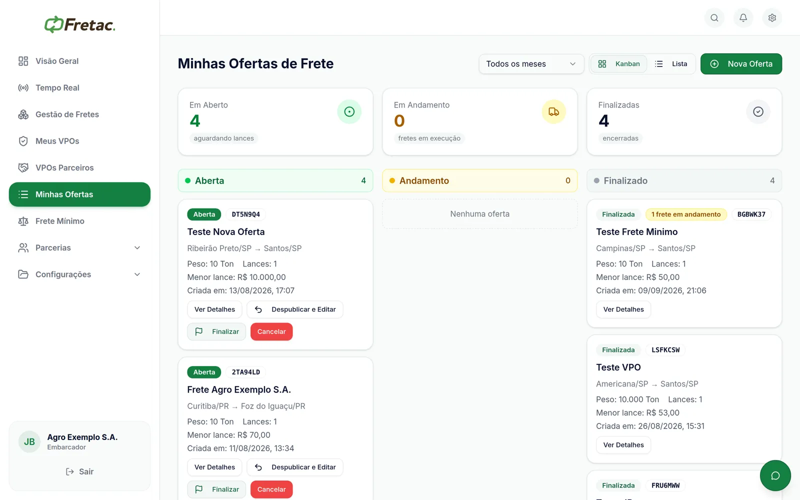 Quadro de ofertas de frete em aberto, andamento e finalizadas